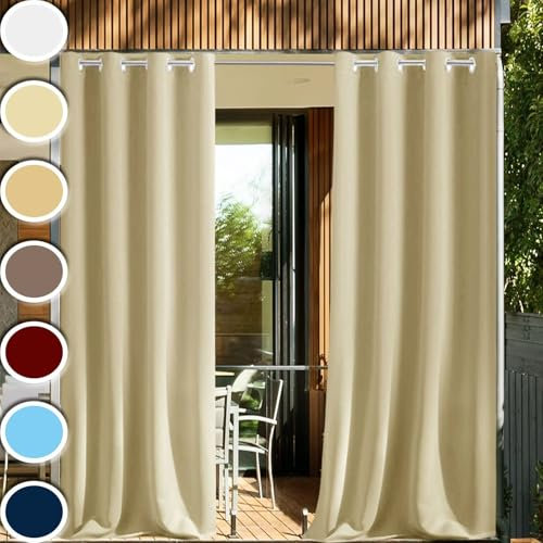 HUAXIQUE Wasserdichter Vorhang Outdoor Wasserdicht 1 Stück Auf Maß Extra Breit Blickdicht Windschutz Gardinen Outdoor Wasserfest für terrasse Outdoor außen Balkone Cabana Patio 320x270cm Dunkelbeige