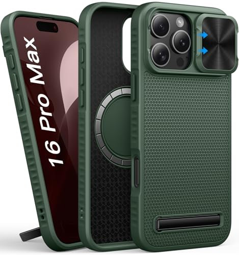 SIXBOX Magnetic Case for iPhone 16 Pro Max, Compatible with MagSafe, Kickstand, Slide Camera Cover, Military-Grade Protection, Protective Slim Rugged Women Men Phone Case for iPhone 16Promax, Green