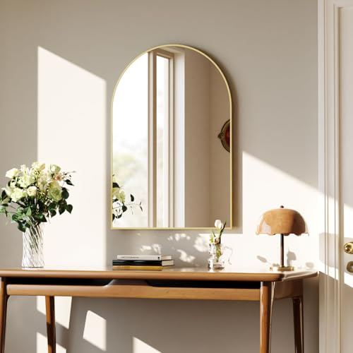 Koonmi Bogen Wandspiegel 51 x 76 cm, Aluminiumrahmen, Gold | Halbkreisförmiger Bad und Schminkspiegel zur Wandmontage für Badezimmer, Ankleidezimmer, Wohnzimmer und Flur