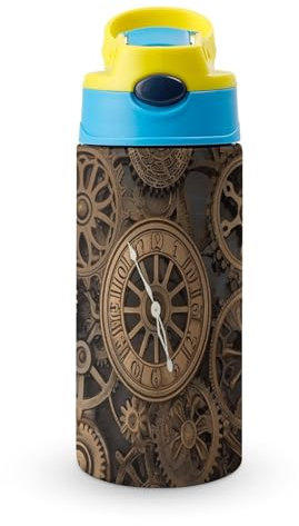 JTREHY 12 Oz Insulated Water Bottle,Steampunk Gears Clock Printed Stainless Steel Travel Cup, Reusable Leakproof Flip-top Sippy Cup For Travel, School, Sports, Gym