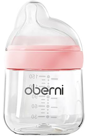 Oberni Baby Bottles with Slow Free Flow Off-Centered Teat for 0+ Months, Anti Colic Newborn Milk Feeding Bottle, 150ml/5oz/Pink/1Pack