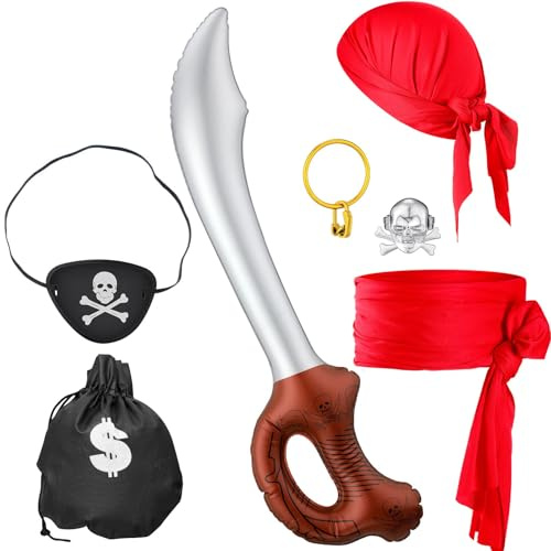 TAXTYHRE Pirate Zubehör Set, 7 Stück Piraten Set Kinder, Piraten Augenklappen, Piraten Kopftuch Schärpe, Ohrringe Ringe, für Kinder Halloween Karneval Verkleidung Cosplay
