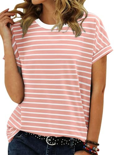 KISSMODA Womens Crew Neck Tops Short Cap Sleeve Tshirts Striped Color Block Tees Ladies Casual Summer Shirts Tunics