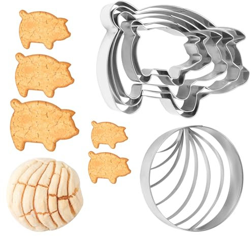 6 Stk Keksausstecher, 5 Größen Schweine Ausstecher mit Concha Ausstecher Concha Ausstecher aus Edelstahl Keksstempel Ausstecher in Schweineform Mexikanische Brotform zum Backen