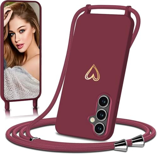 Eherui Coque pour Samsung Galaxy S24 FE avec Cordon,Design cœur doré - Fine - Anti-Chocs - avec Cordon Amovible à Porter Autour du Cou - en Silicone Liquide Housse pour Samsung S24 FE-Bordeaux Rouge