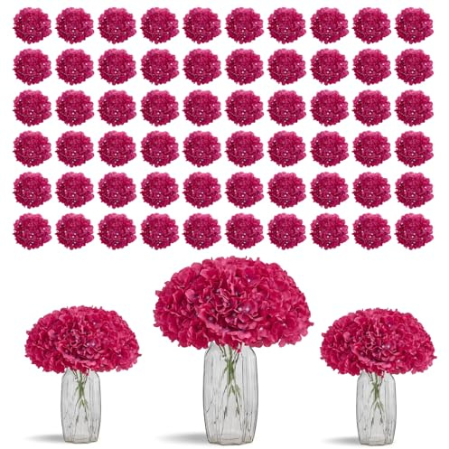KISLOHUM Hortensien-Blumen, Kunstblumen, Fuchsia, Seide, Hortensien, künstliche Blumen mit Stielen, künstliche Blumen für Hochzeit, Garten, Babyparty, Party, Innen- und Außenbereich, 80 Stück