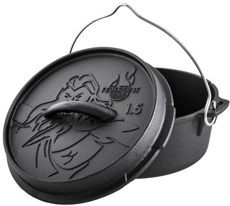 Feuergott Dutch Oven Gusseisen 1,5 Liter ohne Füße – Schmortopf, Bräter mit Deckel für Grill, Lagerfeuer, BBQ – für Brotbacken, Schmoren, Braten und Kochen, ofen- und induktionsgeeignet