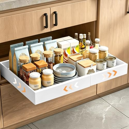 OUUTMEE Lot de 1 Tiroirs Coulissant Cuisine, 32-53x43x7 CM, Blanc | Organiseurs de Tiroirs Coulissants Placard, Sans Perçage, Rangement Coulissant Placard Cuisine, Largeur Réglable