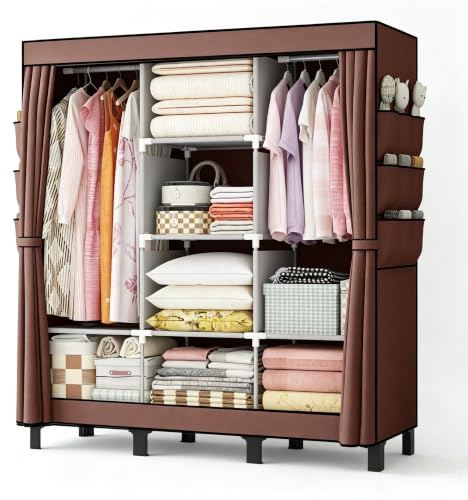 lishbie Portable Fabric Wardrobe,130x45x172cm Foldable Storage Closet | 2 Hanging Rails and Shelves, 18 Side Pockets, Wardrobes for Bedroom, Dorms & Rented Homes