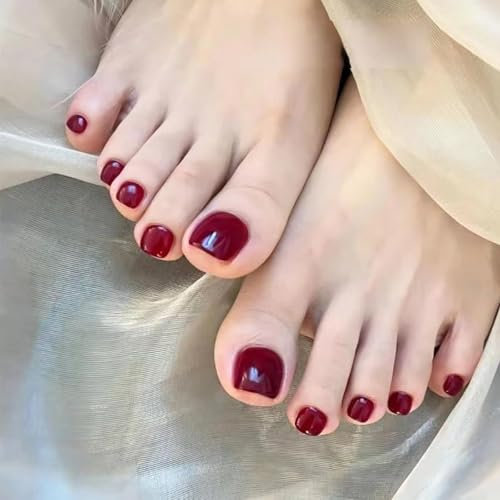 24Pcs Classic Ruby Red Press on Nails Short Square French Tip False Toenails with Glue, Easy DIY Stick on Nails for Women, Fake for Toe Art Decorations