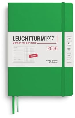 LEUCHTTURM1917 372703 Wochenkalender & Notizbuch Dotted Medium (A5) 2026, Spring Leaf, Englisch