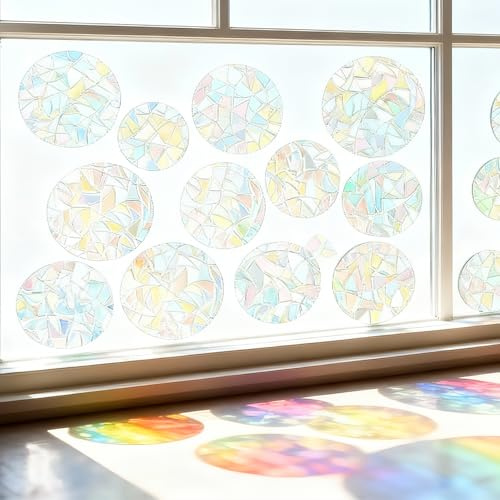 26 adhesivos redondos prismáticos para ventanas, captadores de luz arcoíris autoadhesivos,adhesivos electrostáticos anti-colisión para aves,decoración para ventanas y puertas de vidrio,pack de 2 hojas
