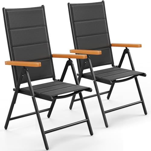 LIFERUN Gartenstühl Hochlehner Klappbar, 2er Set Aluminium Balkonstuhl, WPC Armlehnen, mit Gesteppte Rückenlehne & Sitzfläche,7-Fach Verstellbar,Bis 120 kg, Outdoor Esszimmerstuhl, Schwarz, 2 PCS