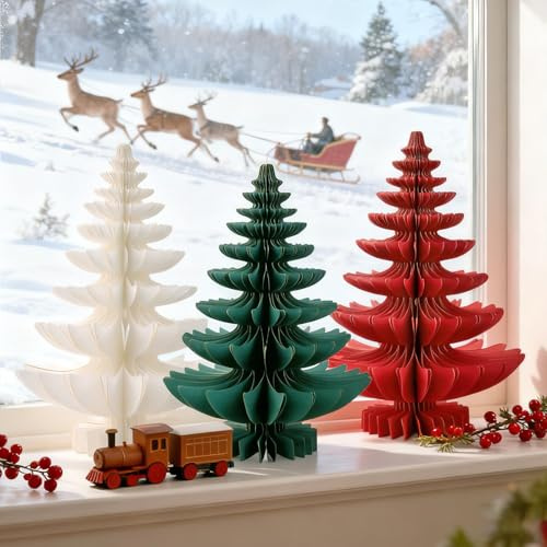 SUNBEAUTY 3Pcs Paper Christmas Tree 3D Christmas Decorations Vintage Xmas Tree Table Centerpieces Red Green White Christmas Fir Trees with Magnet for Xmas New Year Indoor Outdoor Decorations
