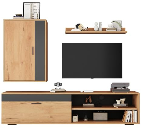 I0I&I0I TV Wohnwand Set 3-teilig, Modernes Wohnzimmer Möbel-Set mit TV Board, Wandschrank & Wandregal,TV Schrank, Komplettset Holzoptik Schwarz (Stil 1)