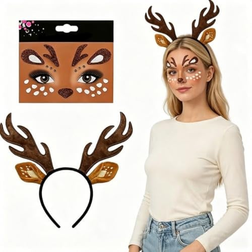 2-teiliges Reh Kostüm Damen Set: Geweih Haarreif + Gesichts Tattoo, perfekt für Karneval, Fasching & Mottoparty. Realistisches Reh Kostüm mit Hirschohren & Glitzer-Details, ideal für Damen & Mädchen