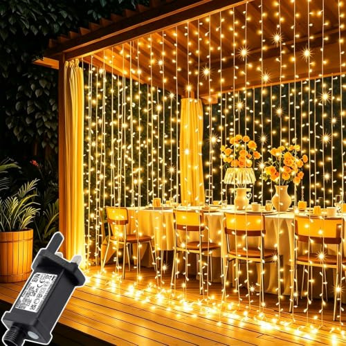 Joycome 2 Pack Curtain Lights, 3m x 3m 300 LED Curtain Fairy Lights Plug in | 8 Modes/Timer/Connectable Hanging Fairy Light, Waterproof String Light for Wall Gazebo Window Pergola Wedding (Warm White)