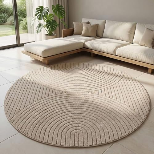 Carpetsale24 Kurzflor Teppich Rund 200 cm Beige, 3D Hoch Tief Effekt, Skandinavischer Boho Teppich für Wohnzimmer Esszimmer, Balkon Terrasse Outdoor geeignet