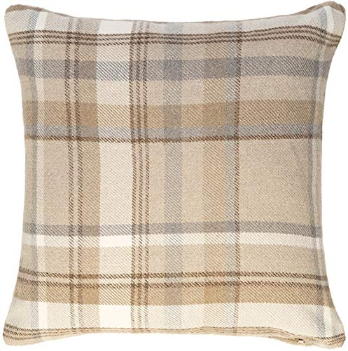 McAlister Textiles Heritage | Sofakissen mit Füllung in Beige Natur | 43 x 43 cm | gewobenes Tartan-Muster kariert | Deko gefülltes Kissen Sofa, Bett, Couch pflegeleichtes Wolle-Gefühl
