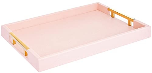 Home Redefined Modern Elegant 18x12 Rectangle Pink Glossy Shagreen Decorative Ottoman Coffee Table Perfume Living Room Kitchen Serving Tray with Gold Polished Metal Handles for All Occasion's