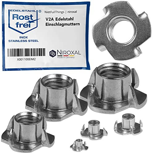 Lot de 20 écrous à enfoncer M12 en acier inoxydable V2A avec 4 pointes à enfoncer - Filetage métrique - Pour bois et plastique