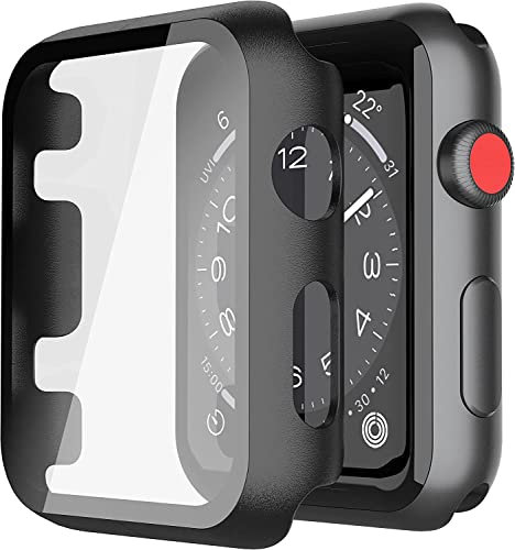Piuellia Black Hard Case Compatible with Apple Watch Series 3 Series 2 38mm with Screen Protector, Ultra-Thin Overall Protective Cover for iWatch [2 Pack]