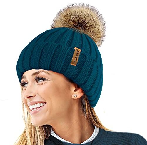 TOSKATOK® Womens Winter-Rib Strickmütze/Beanie mit abnehmbaren Chunky Faux Fur Bobble Pom Pom-Teal