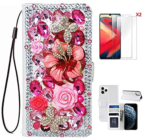 HFICY Pro Max Schutzhülle für iPhone 12 mit 2 Glas-Displayschutzfolien für Frauen, Glitzer-Diamanten, Leder, Filo-Slots und Ständer, Brieftasche, Klappschutzhülle und Umhängeband (Rosenblumen)