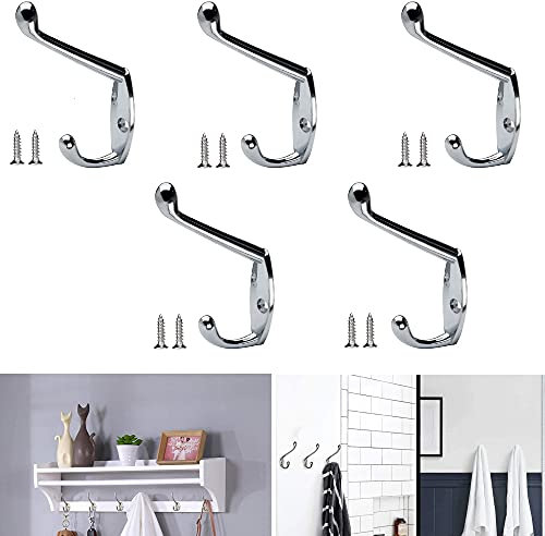 TERF® Polished Chrome Double Wall Mounted & Door Hat Coat Robe Hooks for Bathroom Bedroom Kitchen Office Door Hooks with Fixing Screw - Pack of 5