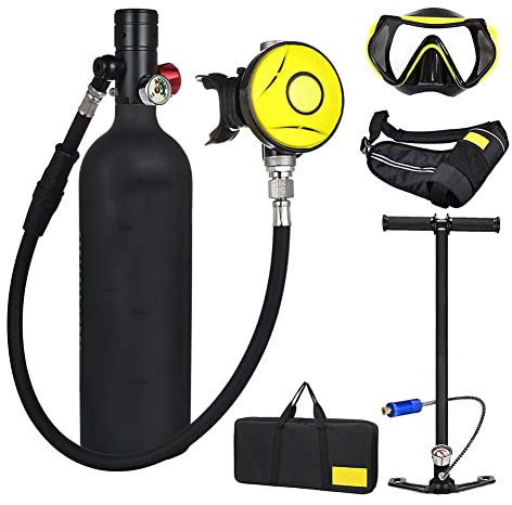 Mini bouteille de plongée, mini D'oxygène Plongée portatif de 1 L, petit équipement de plongée de secours d'urgence, d'une durée de 15 minute, avec pompe, bouteille de plongée rechargeable,Noir