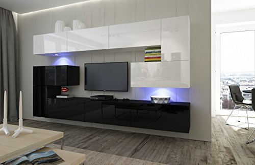 Furnitech Wohnwand Wohnzimmer | Wohnzimmer Möbel mit LED RGB - 16 Farben | Hängend Wohnwand Modern | Wohnzimmer Schrankwand mit Regale und TV Schrank (Albania AN3-17BW-HG23 1B)