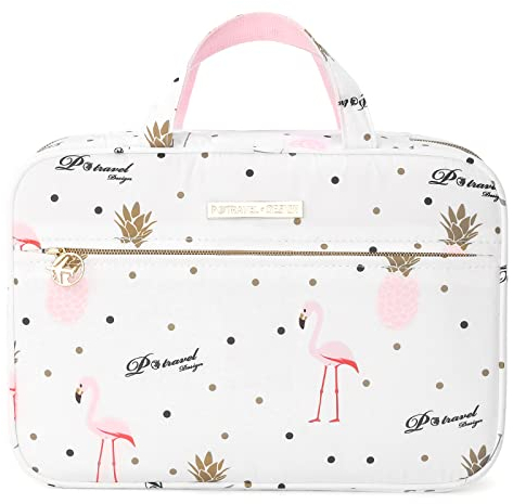 Dizdvizd Trousse de Toilette pour Femme, Sac de Toilette avec Crochet à Suspendre, Vanity de Voyage Pliable Trousse Maquillage pour Fille - Flamants