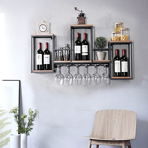 kangten Wand Weinregal Holz Metall mit Glashalter Flaschenregal Rustikales Weinflaschenhalter Industrial Vintage Regal Dekor für Bar Esszimmer Küchen