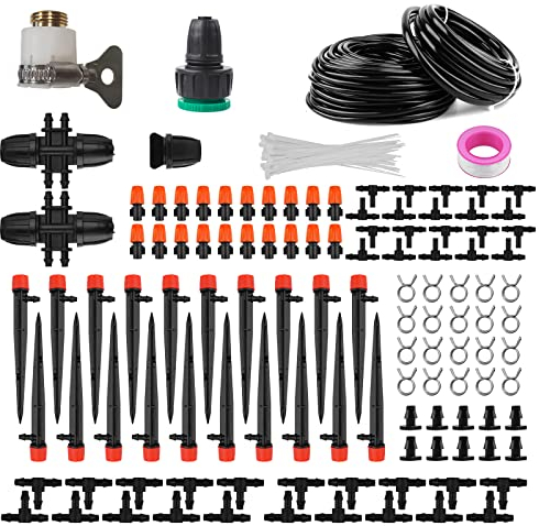 ILIKEPOW Drip Irrigation System 100ft+16ft Irrigation Pipe Automatic Micro Drip Irrigation Kit Self Watering System Adjustable Nozzle Sprinkler Sprayer Dripper for Flower Bed, Garden, Greenhouse, Lawn