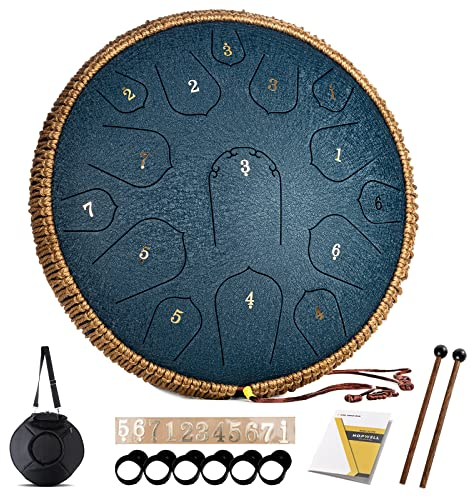 Steel Tongue Drum - HOPWELL 15 Note 14 Inch Tongue Drum Instrument - Hand Pan Drums with Music Book, Steel Handpan Drum Mallets and Carry Bag, D Major (Navy Blue)
