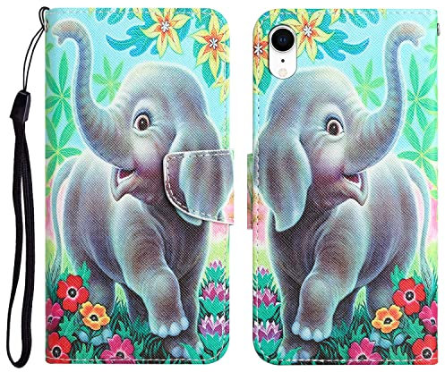 For iPhone XR Case Shockproof Cute Pattern with Credit Card Holder Stand Women Kids Leather Flip Folio Wallet Protective Phone Cover Compatible with iPhone XR - Elephant