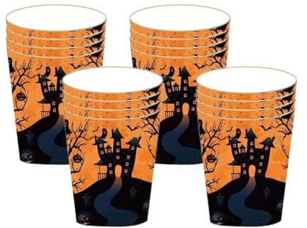 YAAVAAW 16Pcs Halloween Party Paper Cups - Orange Bat Tree Pattern Disposable Cups for Dinner, Birthday, and Table Decorations