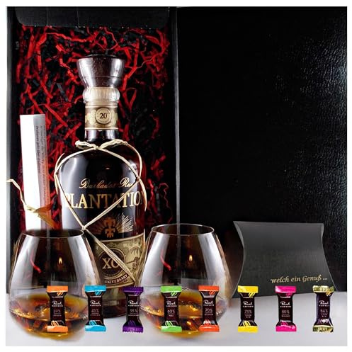 Planteray Extra Old Anniversary Rum mit 2 Rum Gläser & Schokolade Geschenk | Plantation 0,7L in Geschenkbox mit Gläser und 8 Edelschokoladen - welch ein Genuss Genießerset Geschenkset Männergeschenke