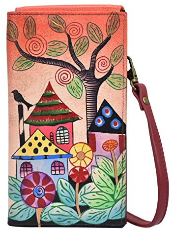 Anna by Anuschka Damen Geldbörse Handgemalte Frauen Echtes Leder Telefon Brieftasche Organizer Crossbody, Village of Dreams