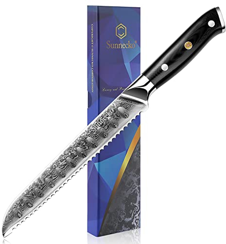 Sunnecko Damascus Bread Knife 8 inch, Serrated Kitchen Knives with VG10 Damascus Steel Blade, Bread Knife for Homemade Bread with G10 Handle Sharp Serrated Knife with Color Box