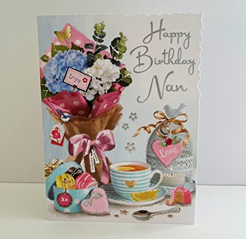 Jonny Javelin Nan Happy Birthday Card - Vase Of Flowers Tea Cup Fondant Fancies