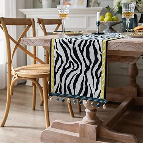 Stfery Tischläufer Geburtstag Auto, Tischläufer Geburtstag Schwarz Weiß 32x180CM Geometrische Abstrakte Zebraballquaste Polyester Tischdeko Küche