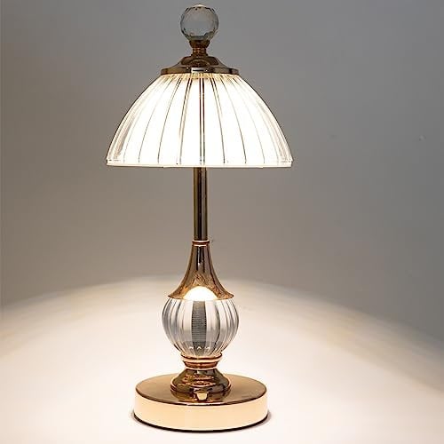 HEQET Cordless Table Lamp, Rechargeable Battery Operated Lamp,13'' Tall Dimmable LED Touch Lamp, Portable Crystal Gold Metal Beside Lamps for Bedroom Living Room Restaurant Outdoor