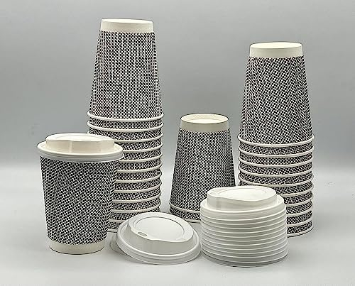 HOT BARGAINS 8oz Paper Coffee Cups with Lids 100-Pack, Triple-Layer Ripple Wall, 230ml Disposable Cups for Hot and Cold Drinks (Black & White)