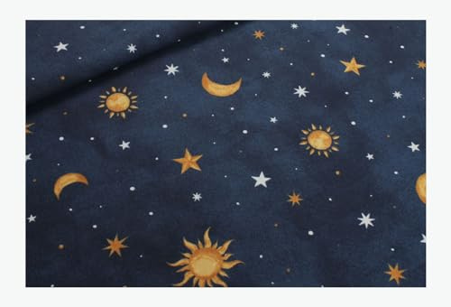Stoff am Stück Stoff Baumwolle Polyester Rips marine Sonne Mond Sterne Glow in the dark Leinenoptik