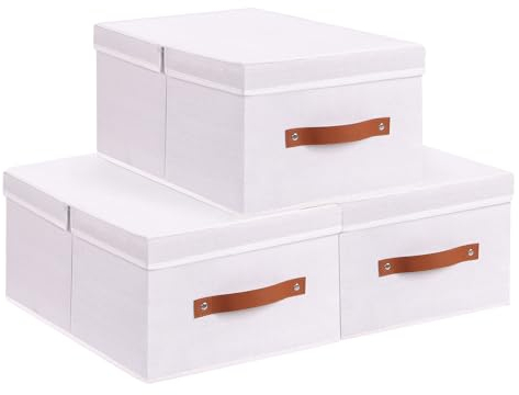 YheenLf 3 Stück Aufbewahrungsbox, Aufbewahrungsboxen mit Abnehmbarem Deckel, Kleiderschrank Organizer Box für Bücher, Kleidung, Vliesstoff, Waschbare, Weiß, 41x25x16.5cm