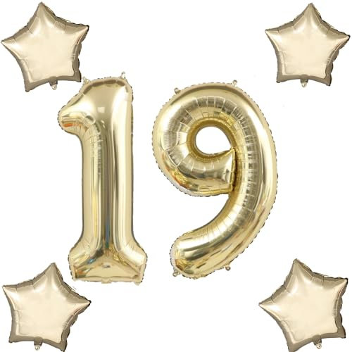 Blasses Gold Luftballons Zahl 19+4 pcs stern Folienballon Zahl 19 .Geburtstag mädchen,40 Riesenzahl Ballons 19.geburtstagsdeko Jungen,Zahlenballon 19, Helium Ballons 19 Zahlen Luftballons