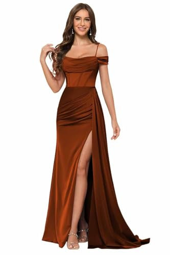 RSOETOO Damen Schulterfreies gerüschtes Brautjungfernkleid, lang, mit Schlitz, Satin, formelles Abschlussballkleid, RO093, burnt orange, 34