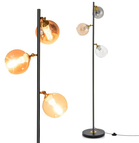 TANGZON 3-Light Floor Lamp, Industrial Standing Lamp with 3-Color Adjustable Rotating Globe Shades, Foot Switch & Metal Base, Tall Tree Torchiere Floor Light for Living Room Bedroom Office, E27 Base
