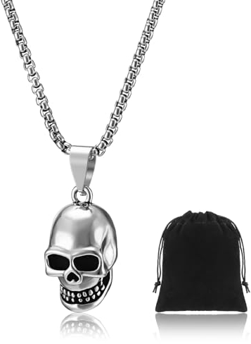 Otuuz Totenkopf Anhänger Halskette Schädel Halskette Schmuck mit Beutel Gothic Punk Halskette Halloween Accessoires für Männer Frauen Geschenk (Silber)